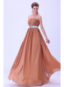 Rust Red Bridemaid Dress With Blue Belt and Ruching Chiffon Floor-length