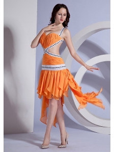 Beading and  Ruching Decorate Bodice Ruffles Straps Asymmetrical 2013 Prom Dress