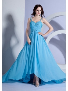 Beading Decorate Bodice Straps Light Blue Empire Brush Train 2013 Prom Dress