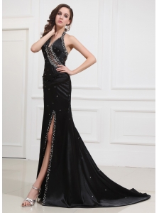Beading Halter Brush/Sweep Prom Dress Elastic Woven Satin Column Black