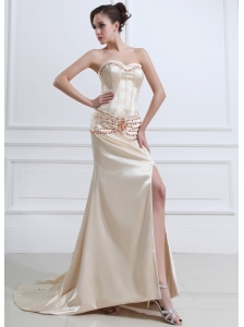 Champagne Prom / Evening Dress With Beaded High Slit Court Train Elastic Woven Satin Sweetheart
