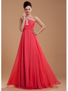 Coral Red Prom Dress With V-neck Beaded and Appliques Chiffon For Custom Made