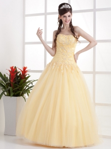 Gold Beautiful Strapless Prom Dress Appliques and Ruch With Floor-length