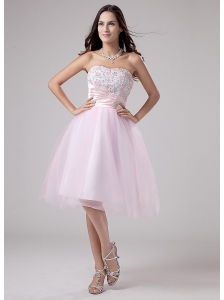Lace and Beading Strapless Tulle Tea-length A-Line Lace and Beading Prom Dress Pink