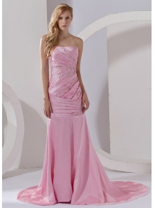Mermaid Strapless Taffeta Prom Dress Pink Court Train Beading