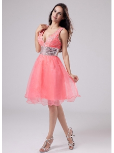 Paillette V-neck Organza A-Line Knee-length Prom Dress Watermelon
