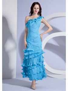 Pleat Decorate Bodcie One Shoulder Aqua Blue Ankle-length 2013 Prom Dress