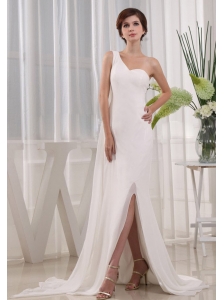 Pretty High Slit Column Wedding Dress One Shoulder Beading