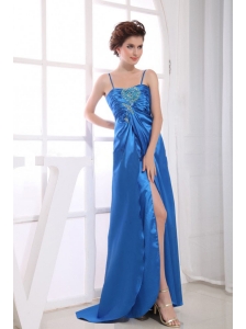 Royal Blue Prom / Evening Dress With Spaghetti Straps Appliques and Beading High Slit