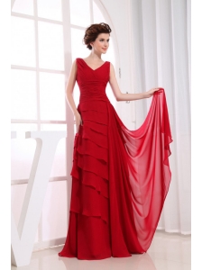 Ruffled Layers Wine Red Chiffon V-neck 2013 Prom Dress Floor-length