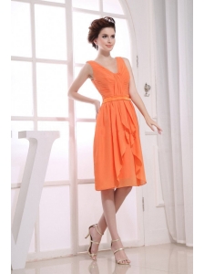 V-neck Orange Knee-length Ruching Bridesmaid Dress For 2013