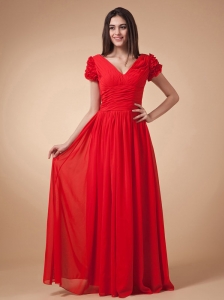 Wine Red Empire Prom Dress V-neck Short Sleeves Floor-length Chiffon With Ruch