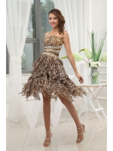 Leopard Chiffon Prom / Cocktail Dress With One Shoulder Beaded and Ruffled Layers Knee-length For Club