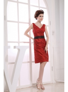 V-neck Neckline Wine Red Taffeta Black Sash Knee-length 2013 Prom Dress