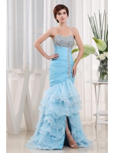 Beautiful Baby Blue Beaded Decorate and Ruch Ruffled Layeres Sweetheart Prom Dress For Party