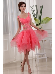 Sexy A-Line Knee-length Straps Organza Beading Prom Dress Watermelon