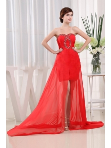 Sweet Red Prom Dress Sweetheart Brush Train Beading and Ruch