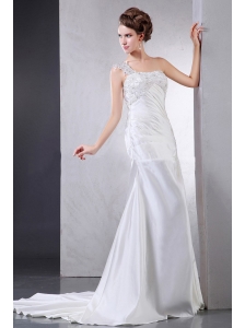 2013 Wedding Dress With Appliques One Shoulder Court Train For Custom Made