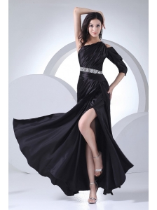 Beading Decorate Waist High Slit Black Elastic Woven Satin Ankle-length One Shoulder 2013 Prom Dress