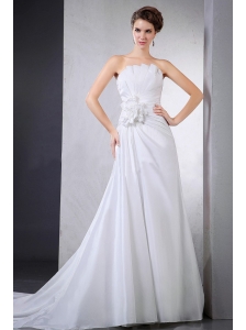 Elegant Wedding Dress With Hand Made Flower Ruching Chapel Train For Custom Made