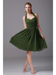 Halter Ruched Chiffon A-Line Knee-length Olive Green Bridesmaid Dress
