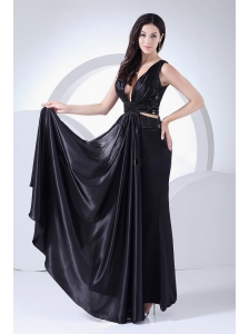 Sexy Prom Dress For 2013 V-neck Black Elastic Woven Satin Ankle-length
