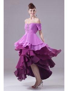 Amazing Colorful Prom Dress With Off The Sholulder Beading Ruffled Layers and High-low