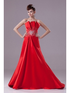 Red Prom Dress With A-line Beading Strapless and Satin