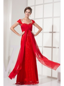 Square Red Prom Dress With Lace Over Skirt and Cap Sleeves