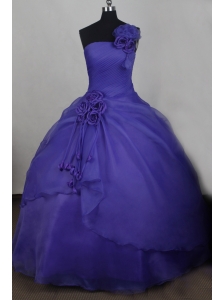 Hand Made Flower One Shoulder Neck Organza Sweet 16 Ball Gown Floor-length Purple Quinceanera Dress