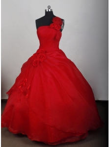 Red Quinceanera Dress with One Shoulder Hand Made Flowers and Organza for Custom Made