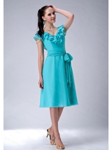 Aqua Blue V-neck Tea-length Sash 2013 Dama Dress