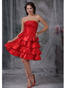 Red A-line Strapless Ruffled Layers Taffeta Dama Dresses On Sale