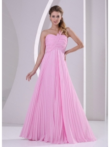 Long Pink One Shoulder Pleat Dama Dress For Quinceanera