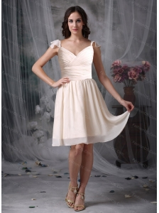 Short Off White V-neck Chiffon Ruch Dama Dresses for 2013