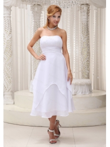 White Tea-length Ruched Cheap Dama Dress