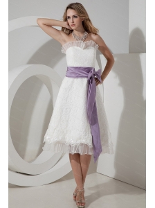beautiful Lace Bow A-line / Princess Tea-length Dama Dress