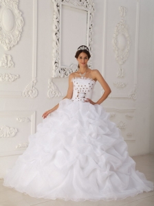 Cheap White Quinceanera Dress Strapless Court Train Organza Beading and Hand Flower Ball Gown