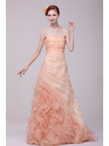 A-line Strapless Floor-length Watermelon Zipper Up Organza Prom Dress with Ruching