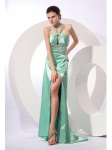Apple Green Column Brush Train Beading Elegant Criss Cross Elastic Woven Satin  Prom Dress with Halter