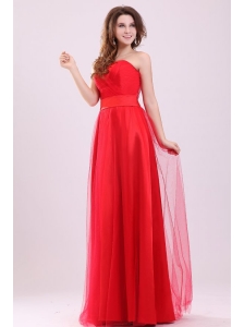 Cute Empire Sweetheart Red Floor-length Tulle Prom Dress with Ruching