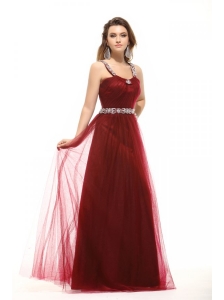 Inexpensive Empire Square Tulle 2014 Long Prom Dress with Beading