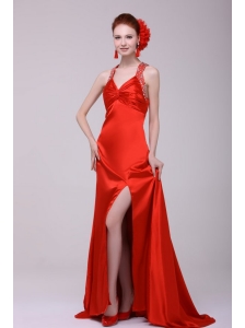 Informal Column Straps Brush Train Elastic Woven Satin Red Prom Dress with Open Back