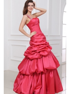 A-line Beaded Decorate One Shoulder Floor-length Prom Dress in Coral Red