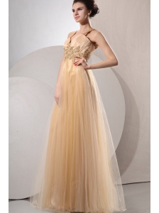A-line Gold Straps Appliques and Ruching Floor-length Organza Prom Dress