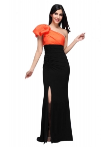 Black and Orange One Shoulder Column High Silt Prom Dress with Train