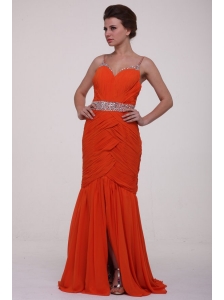 Brush Train Orange Red Spaghetti Straps Prom Dress with Beading