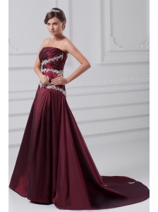 Burgundy A-line Prom Dress with Appliques Chapel Train