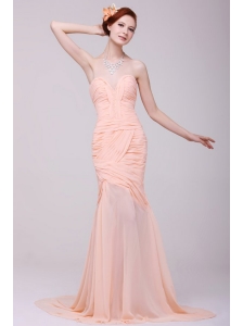 Column Sweetheart Beading and Ruche Peach prom Dress with High Silt