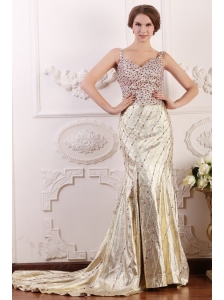 Court Train Column Straps Prom Dress with High Slit and Beading